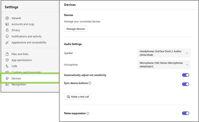 Teams Voice device settings screen