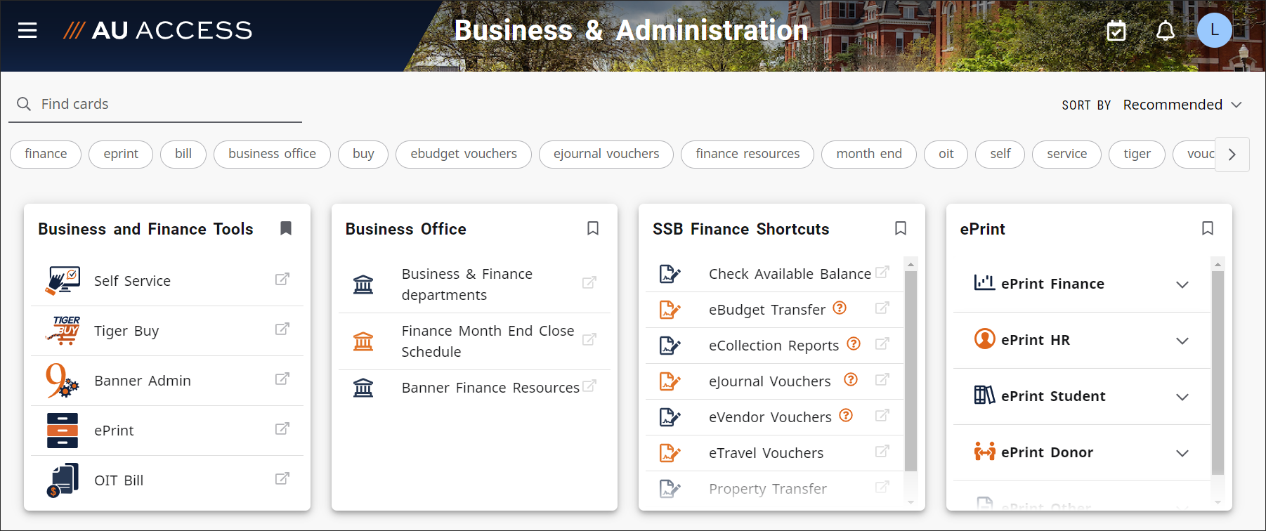 AU Access Business and Administration Tab