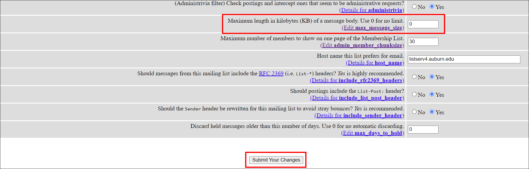 Listserv email message size options