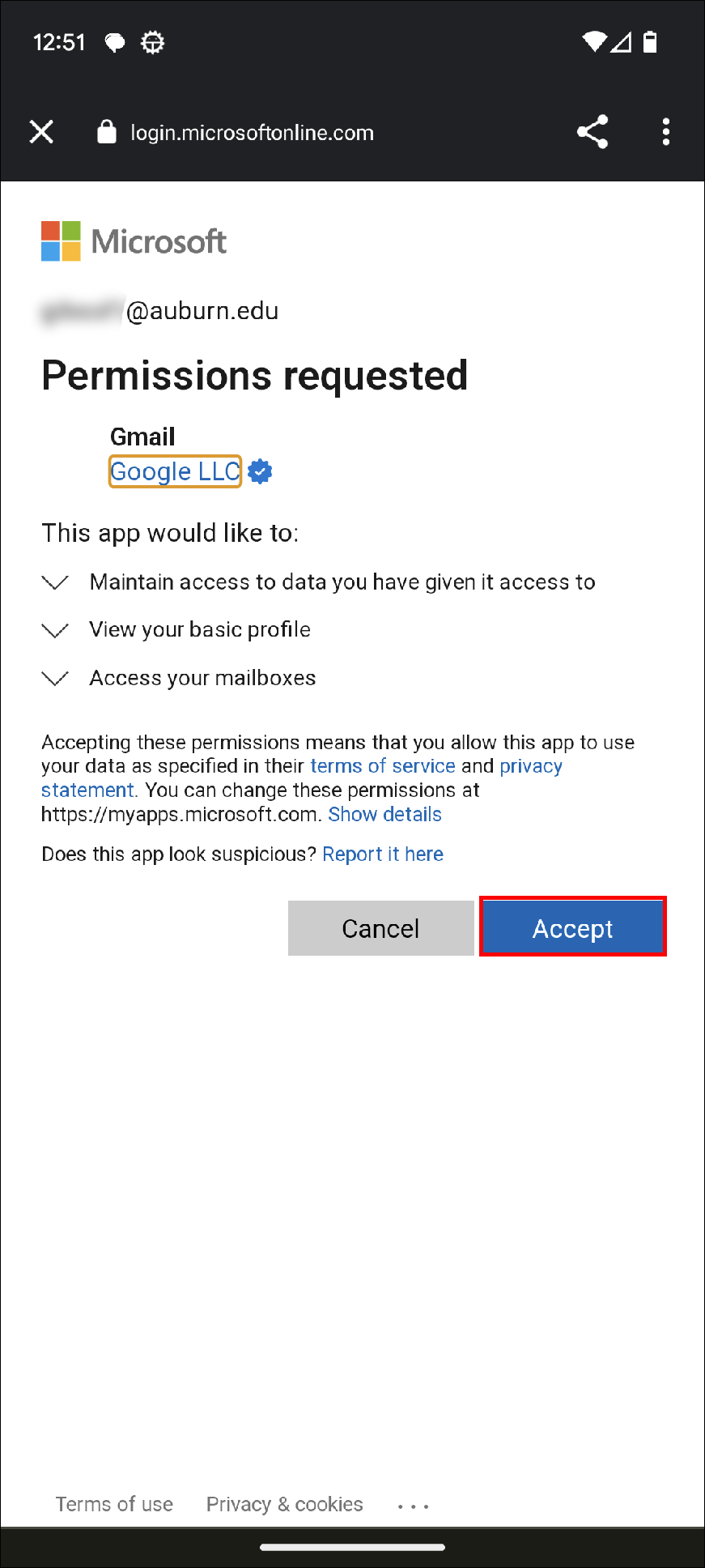 android email permissions screen