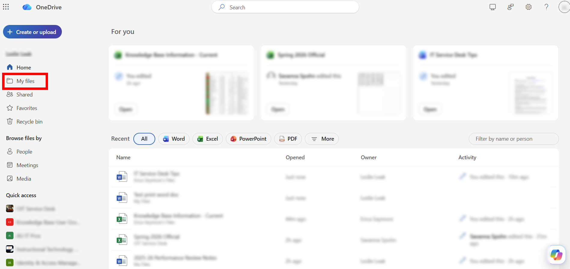 OneDrive on the Web My Files location