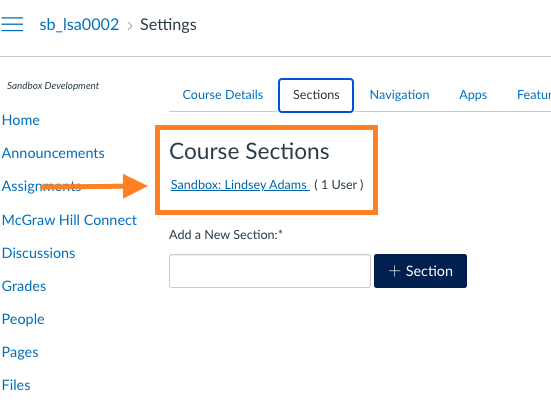 canvas course sections highlighted with arrow