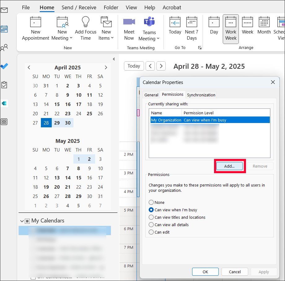 Outlook calendar sharing add 