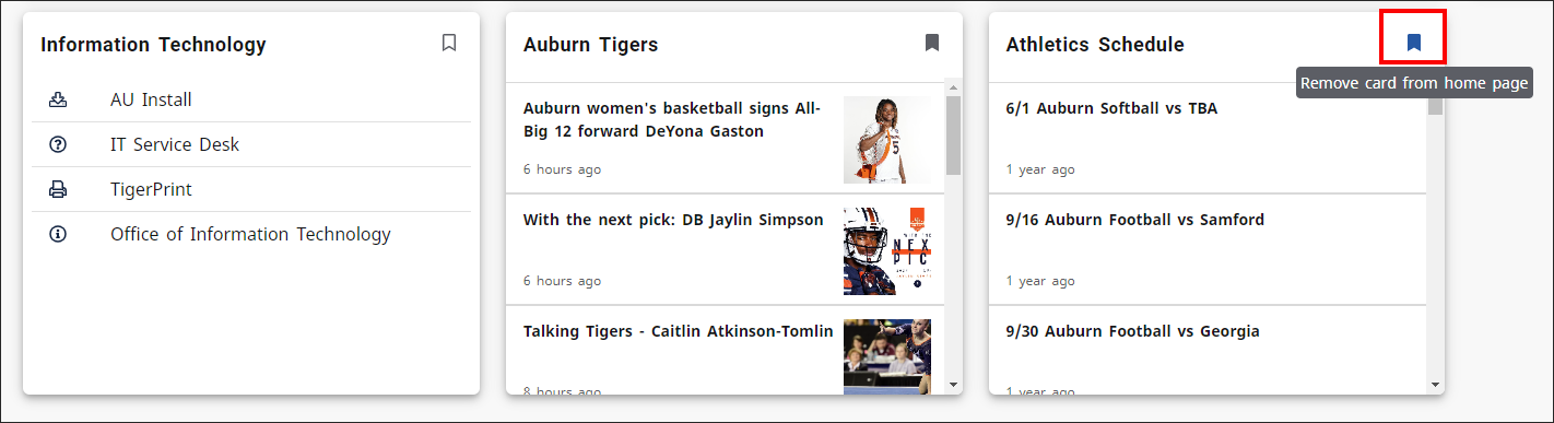 Student AU Access remove card from home page