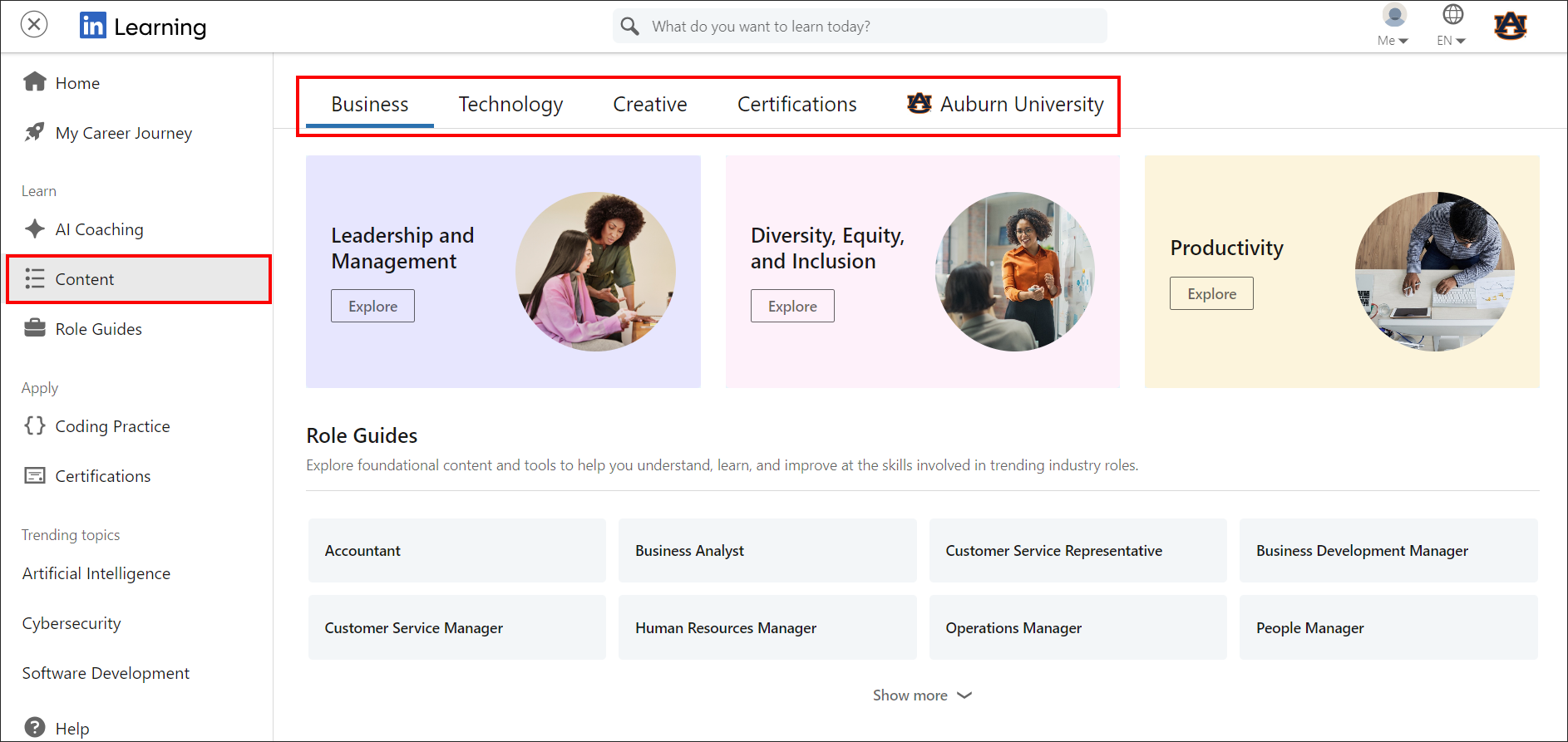 LinkedIn Learning Content Screen