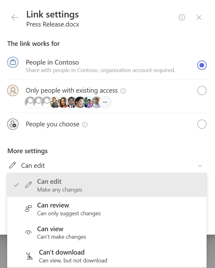 Copy link permissions options with SharePoint