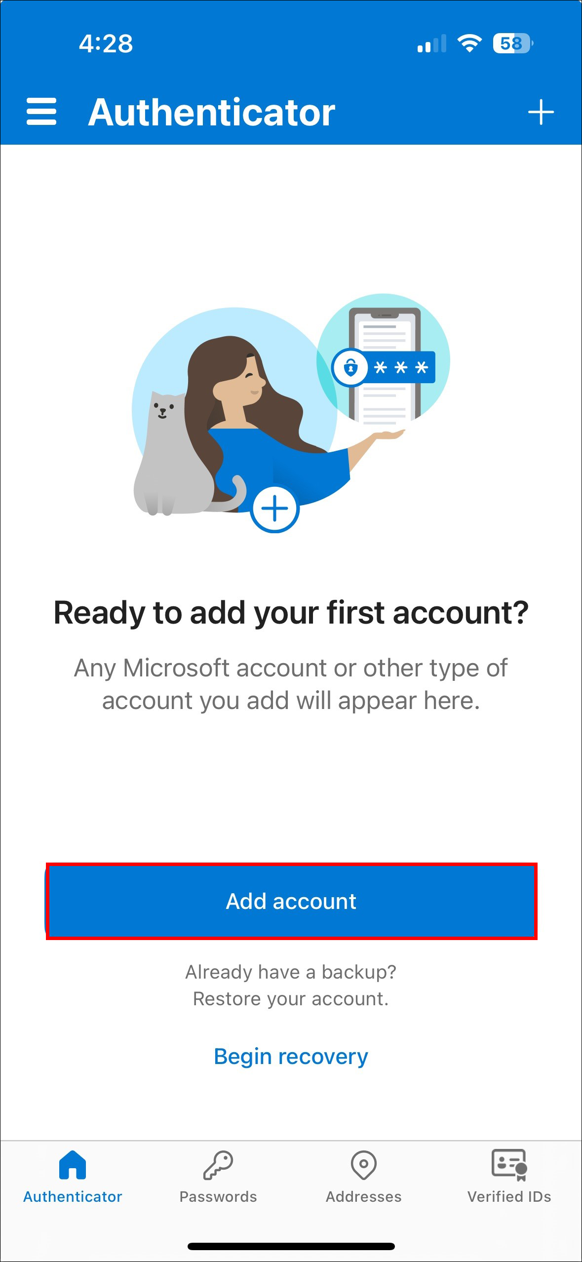 Microsoft authenticator app add account screen