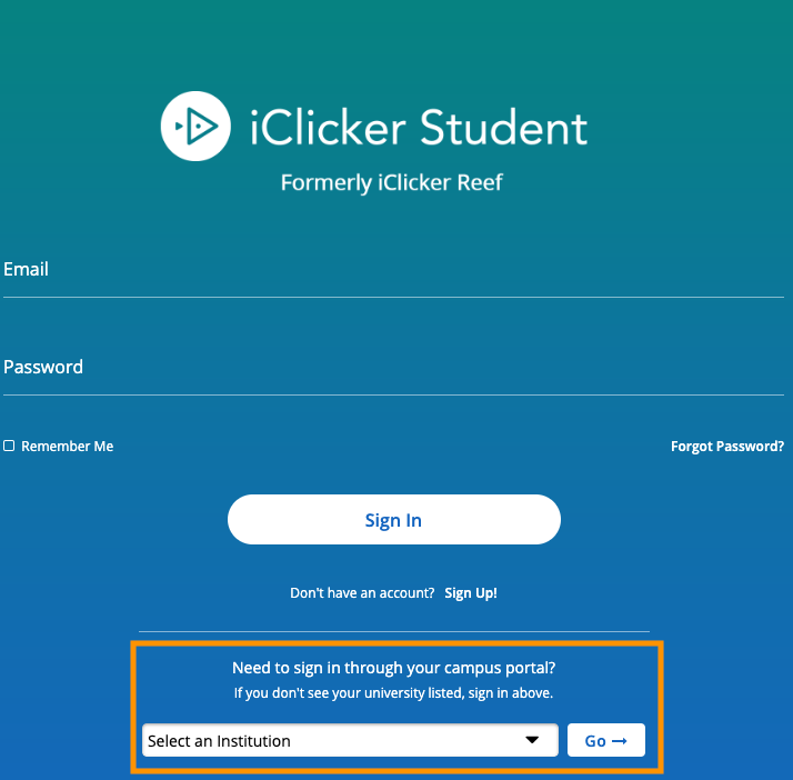 iclicker student.png student iclicker sign on displayed with sign in through your campus portal boxed in orange