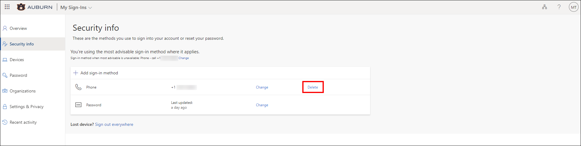 Alumni and retiree Outlook delete sign in method screen