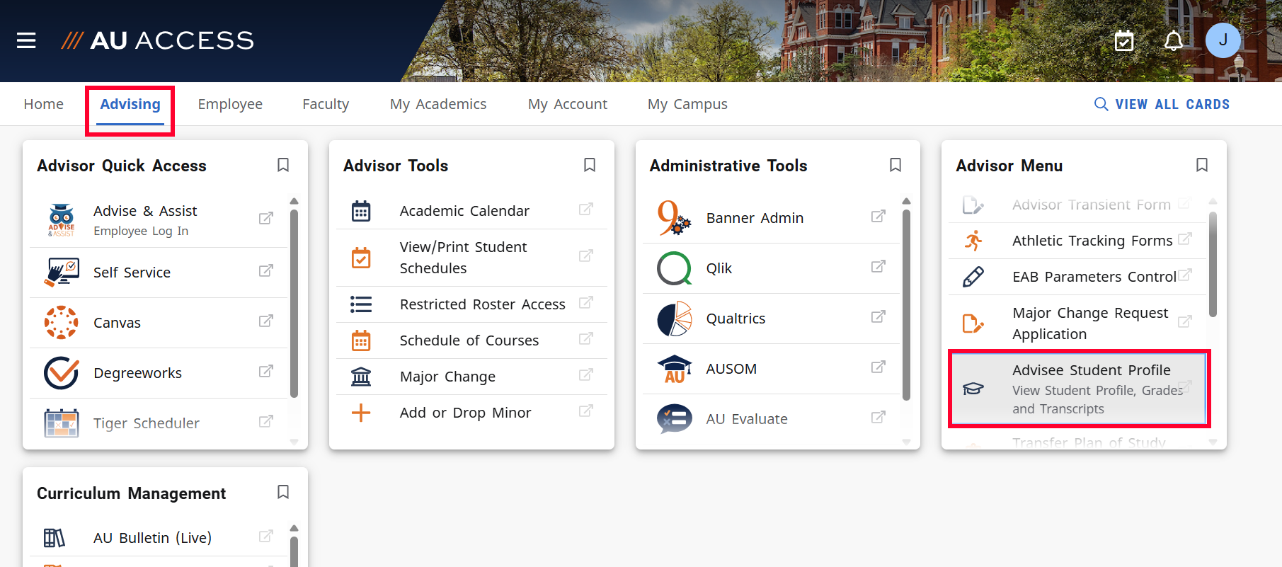 AU Access advising tab advisee student profile