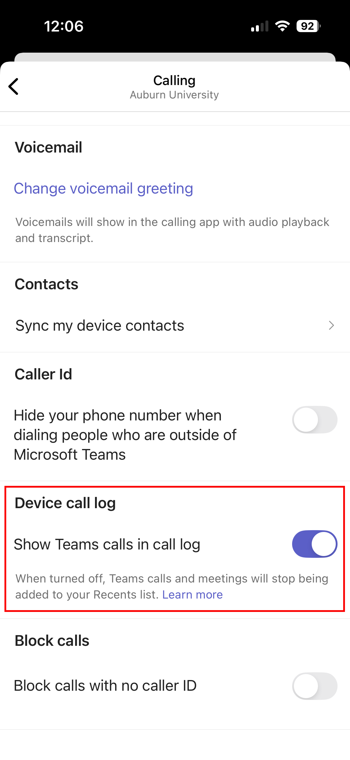 Teams for iOS call log toggled on