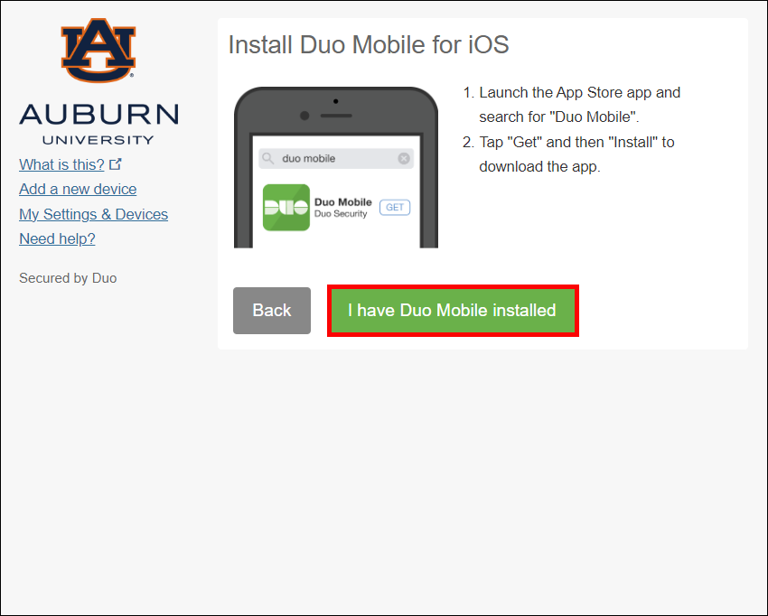 Duo app installed screen