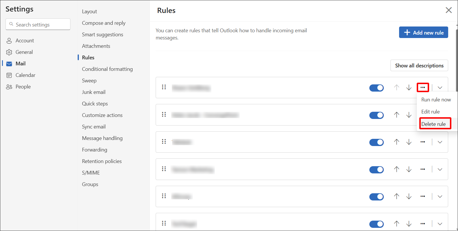new outlook delete existing rule