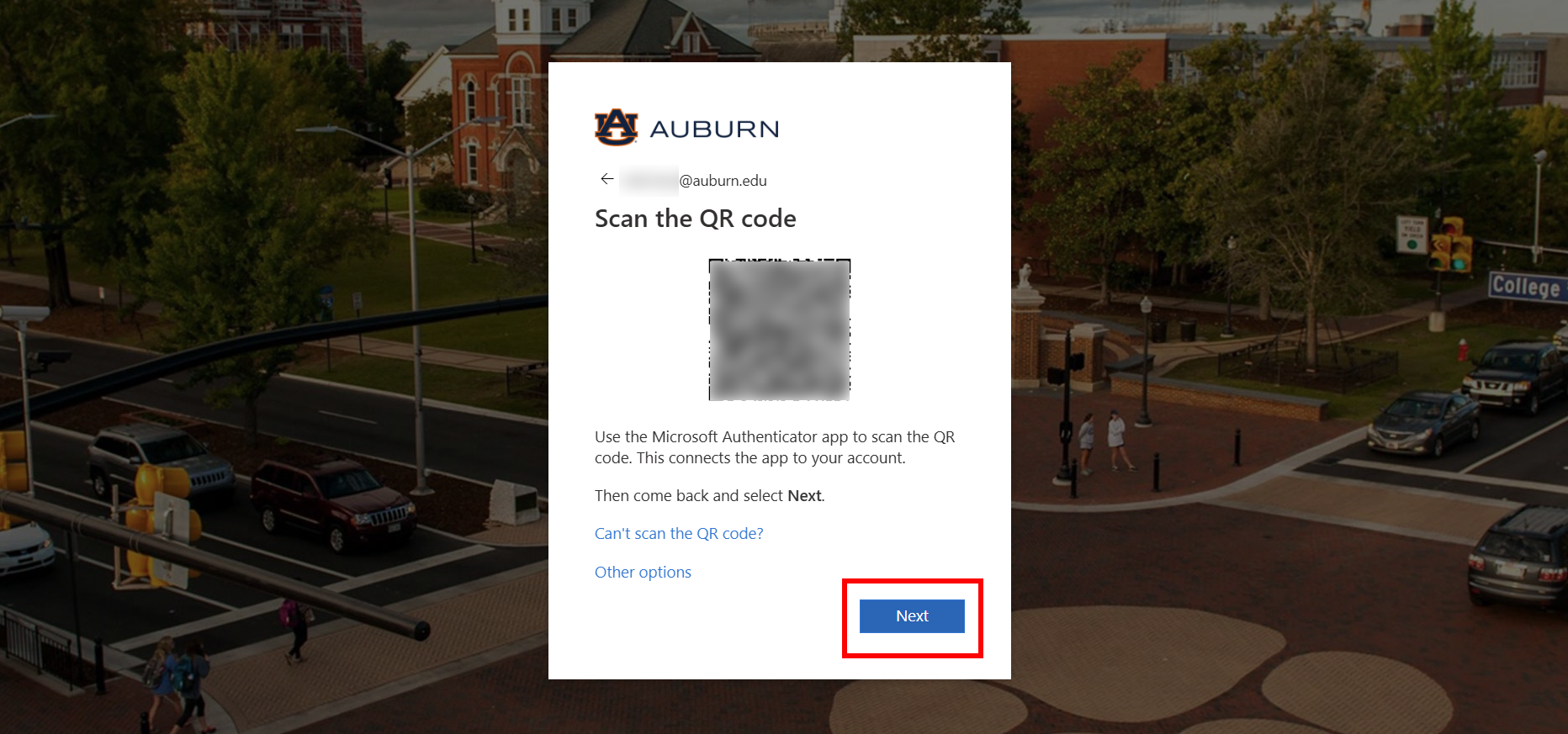 Alumni and retiree MFA QR code screen