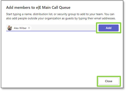 Teams voice voice enabled channel add member and close