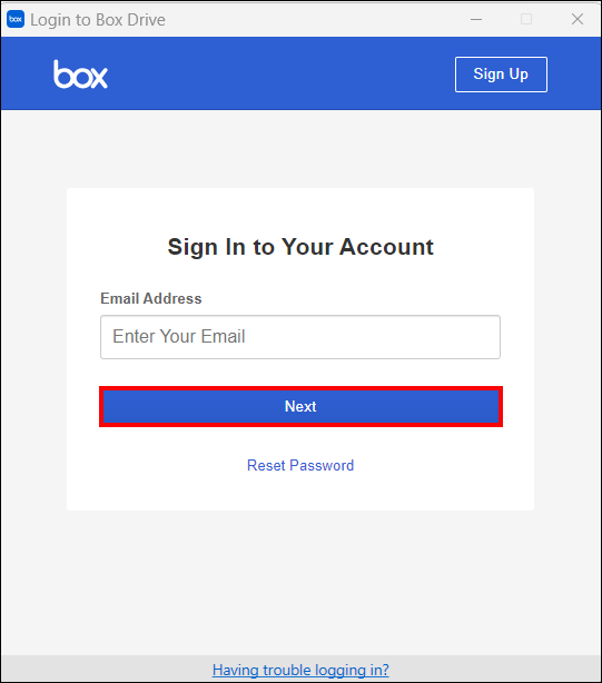 Box login screen