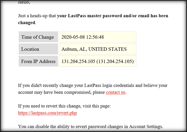 password change information