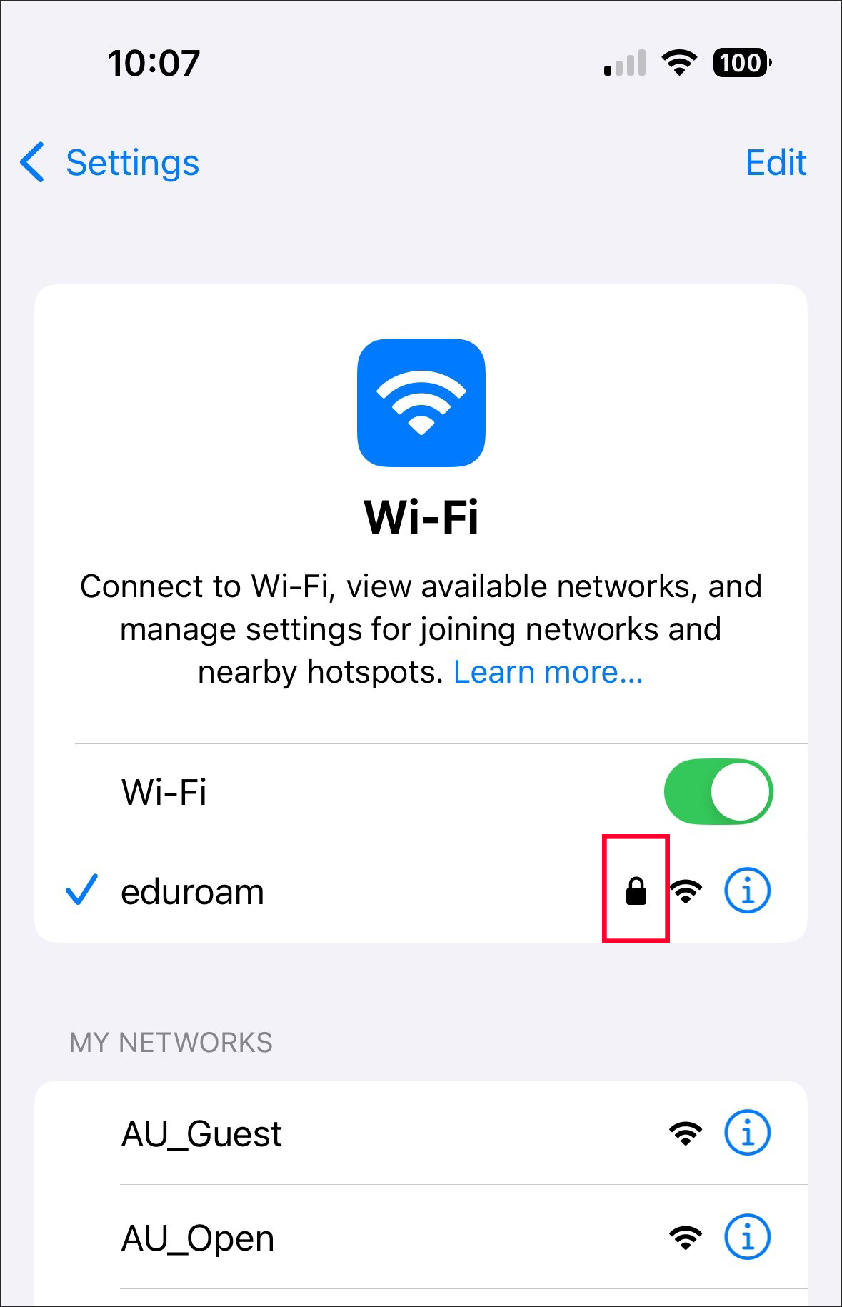 eduroam lock in wifi settings