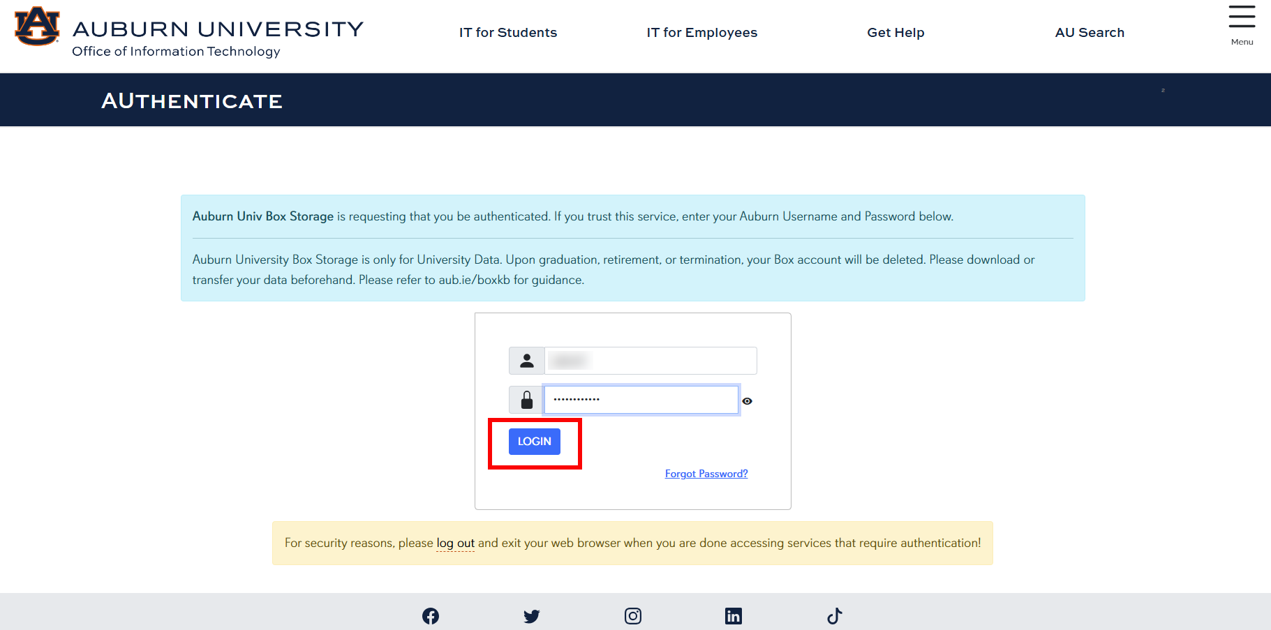 Box login screen with AU credentials