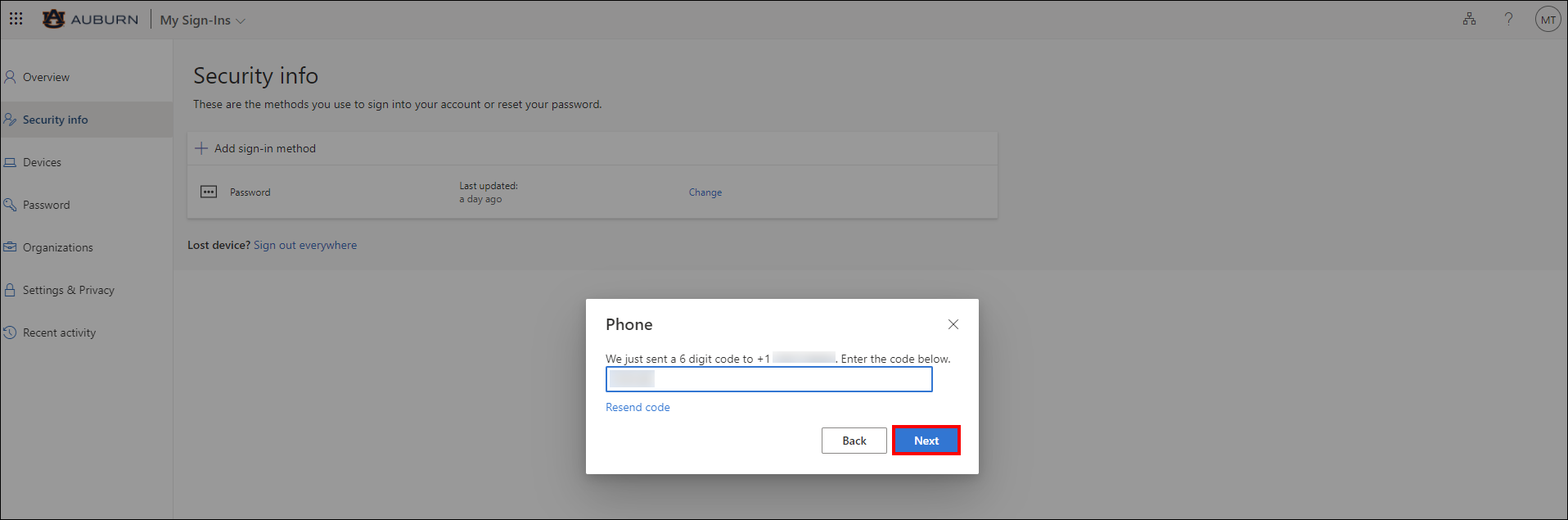 Alumni and retiree Outlook MFA text numerical code screen