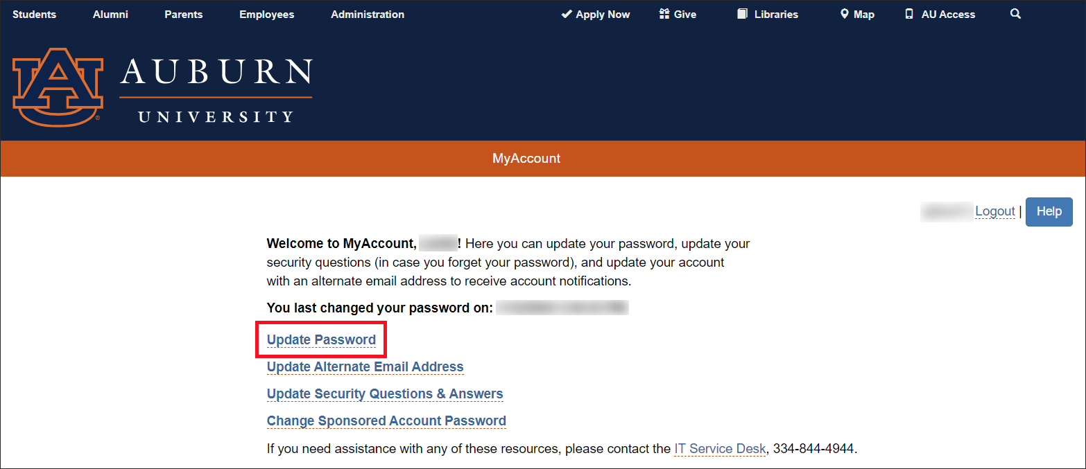 MyAccount Update Password Screen