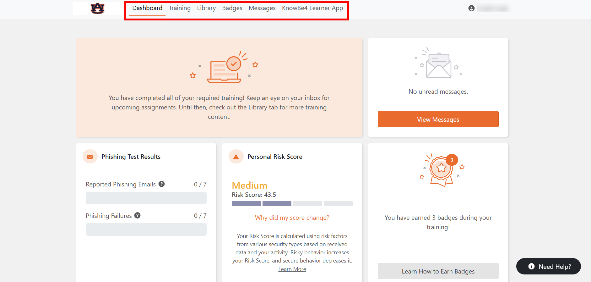Know Be 4 Training Main Dashboard View