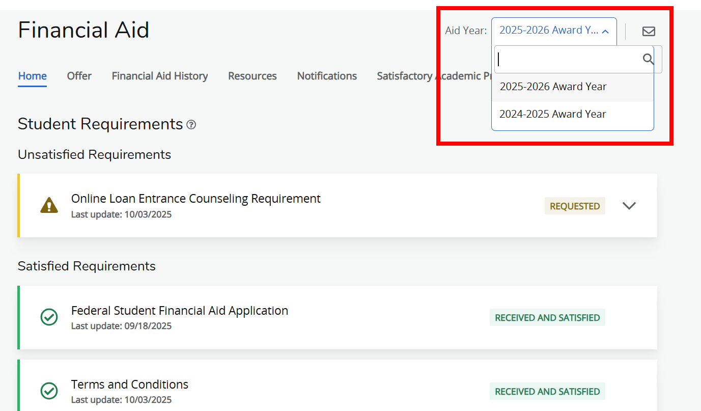 AU Access Financial Aid Year selection