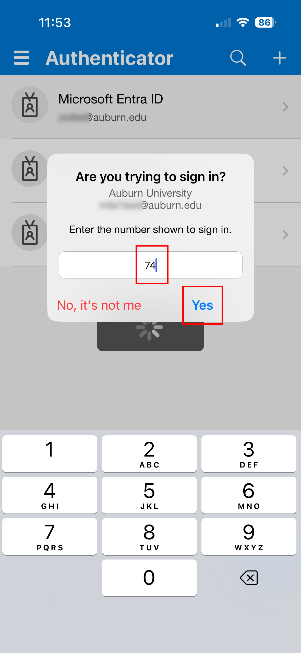 Alumni and retiree Authenticator app numerical code