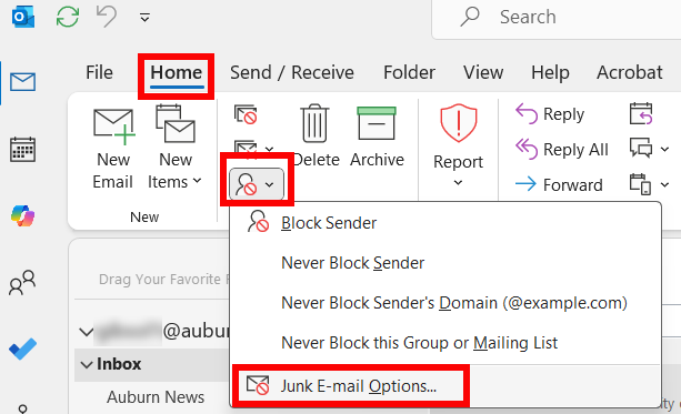 Junk email options in Outlook classic desktop