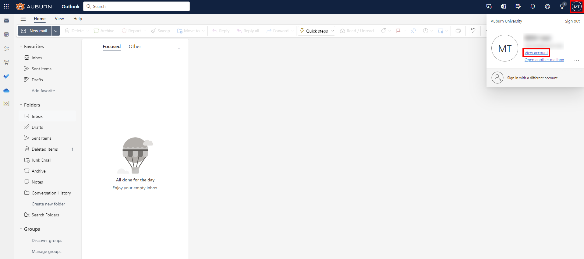 Alumni or retiree Outlook view account screen