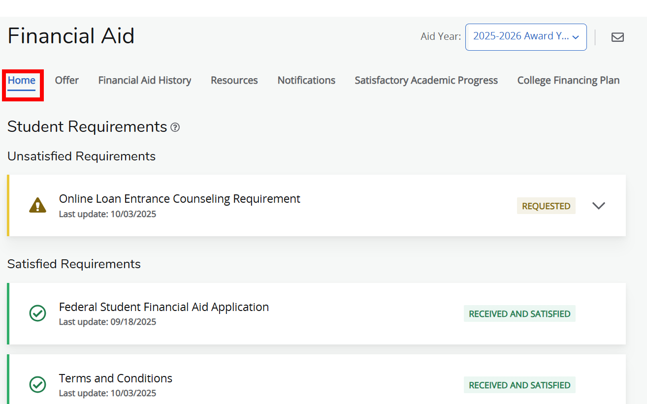 AU Access Financial Aid Home screen