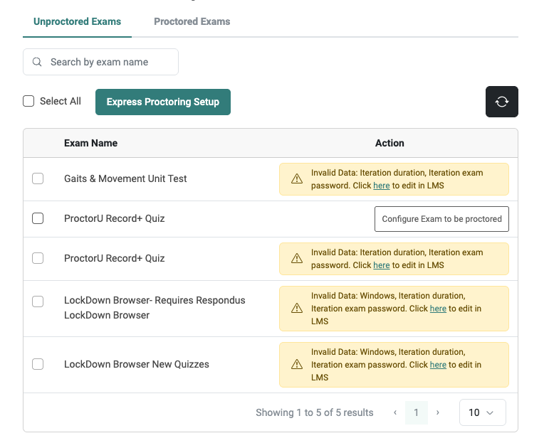 ProctorU dashboard showing unproctored exams with yellow warnings for missing data and a "Configure" button.