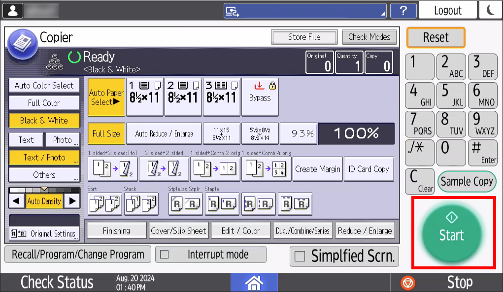 Copier start button