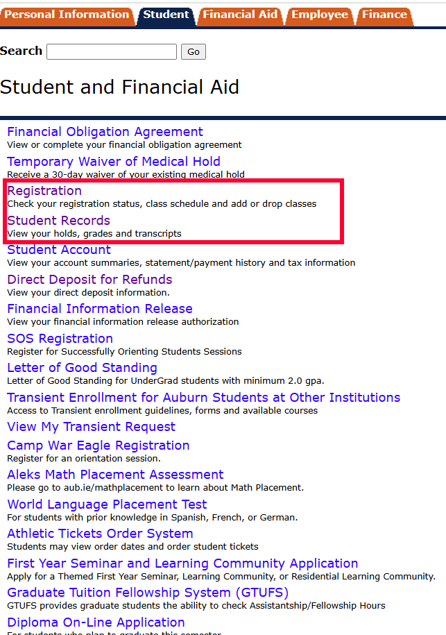 AU Access student registration and student records old view