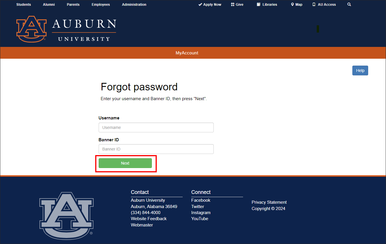 AU forgot password screen