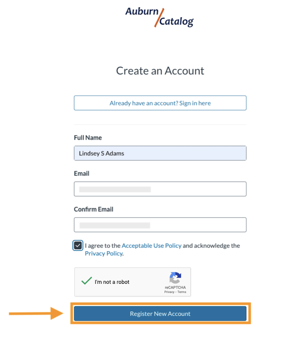 catalog account creation screen 