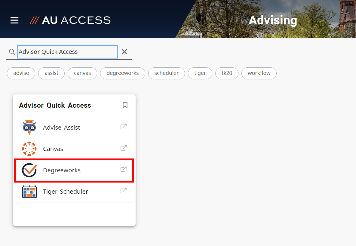 AU Access Advising tab DegreeWorks