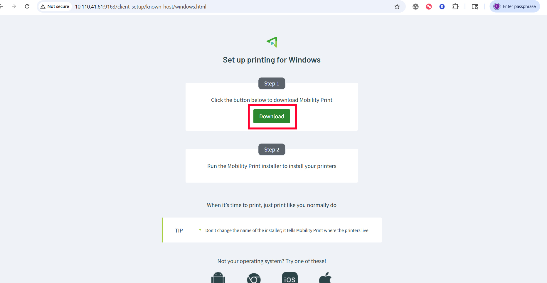 mobility print windows download screen