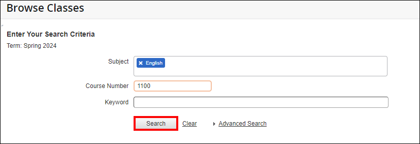 AU Access search subject and course number screen