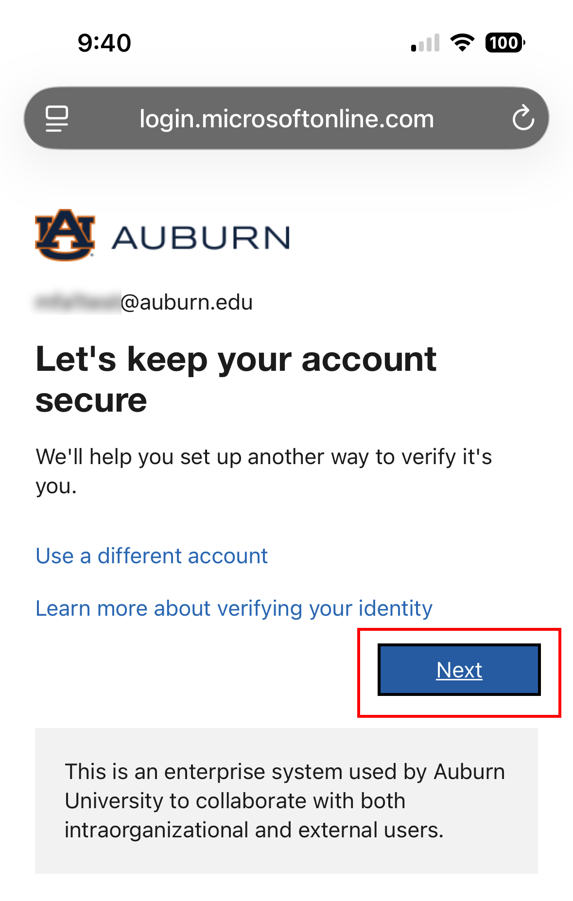 Alumni and retiree Outlook let's keep your account secure screen