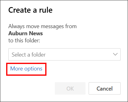 new outlook create a rule more options