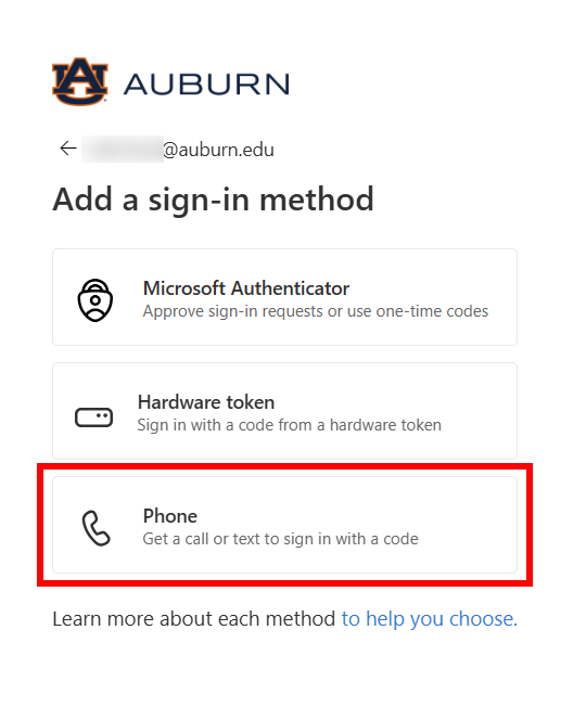 Alumni and retiree MFA phone option screen