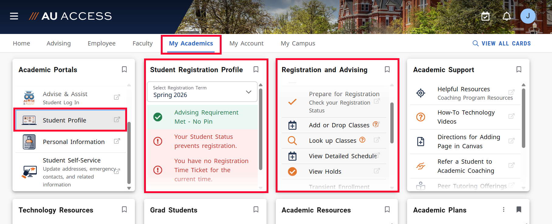 AU Access student registration profile and registration and advising cards