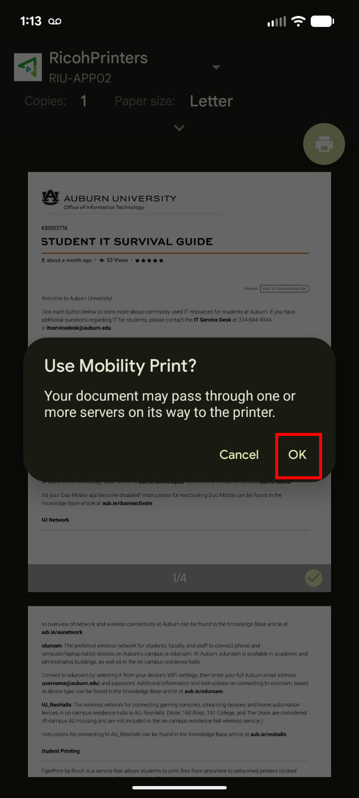 use mobility print screen