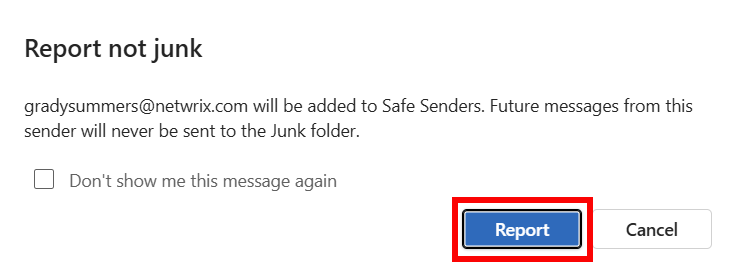 New Outlook report not junk screen