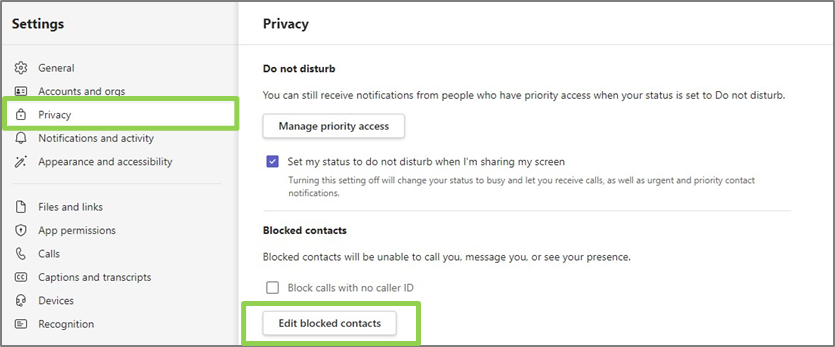 Teams Voice edit blocked contacts