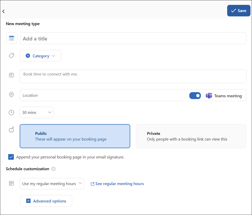 Bookings create meeting type