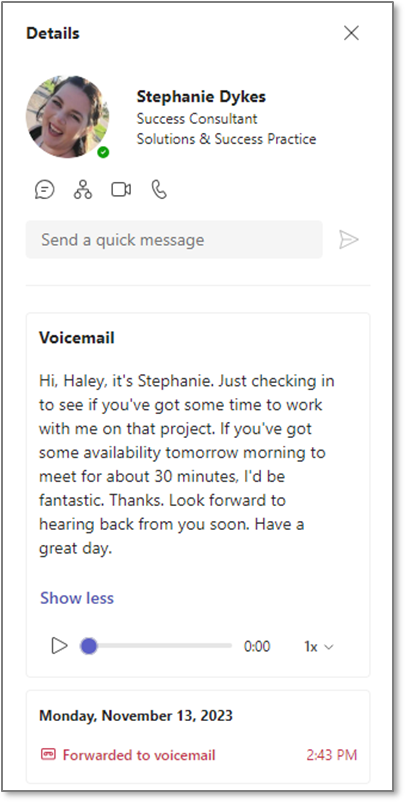 Teams Voice Voicemail Details screen