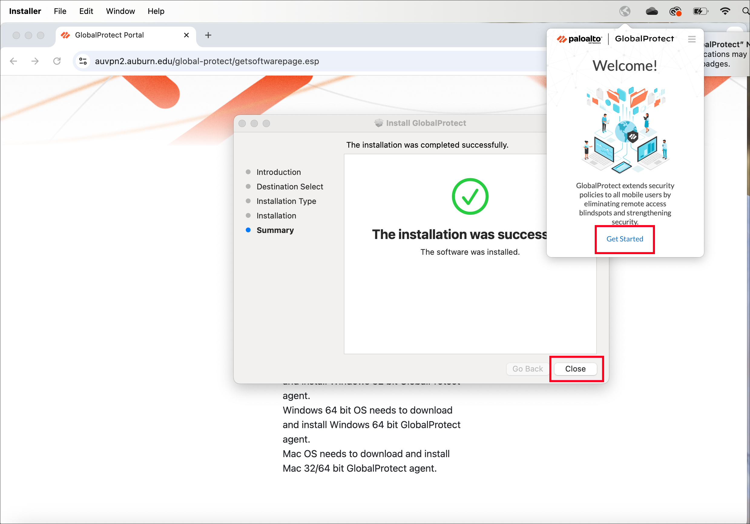Global Protect Installation Complete Screen