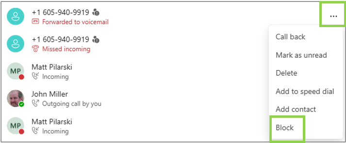 Teams Voice block caller screen
